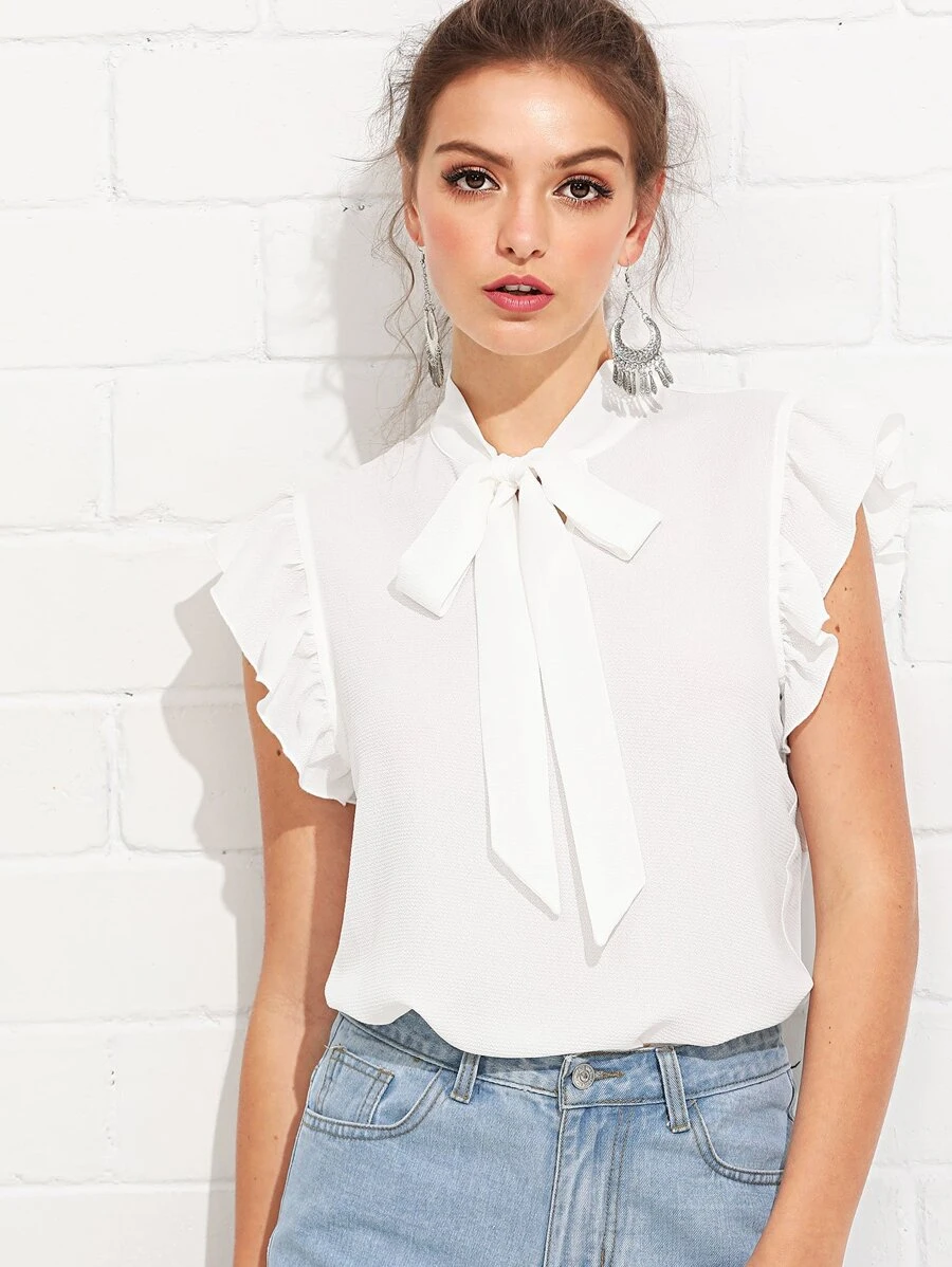SHEIN Privé Pussy Bow Ruffle Armhole Top