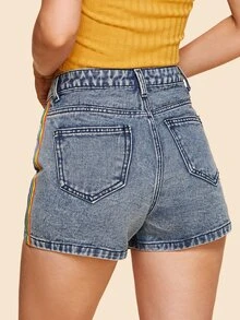 SHEIN Quần short Denim Nút Sọc Màu xanh lam Casual - Rửa trung bình - Xem 3