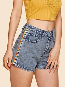 SHEIN Quần short Denim Nút Sọc Màu xanh lam Casual - Rửa trung bình - Xem 2