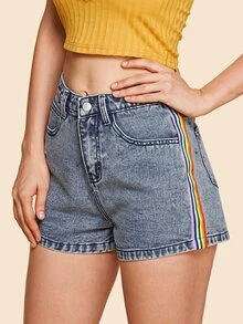 SHEIN Quần short Denim Nút Sọc Màu xanh lam Casual - Rửa trung bình - Xem 1