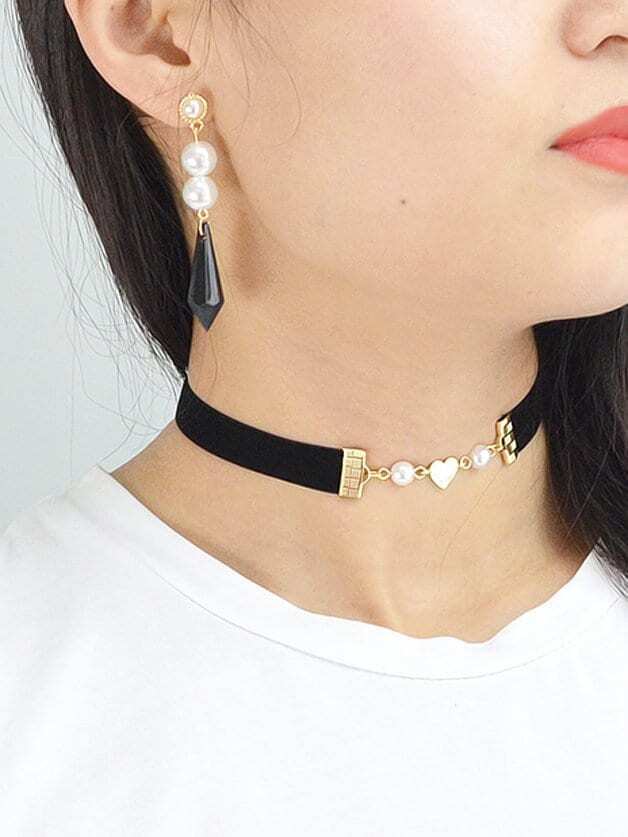 

Simulated-Pearl Geometric Stone Earrings, Black and white