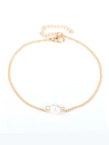 Faux Pearl Detail Chain Anklet - Yellow Gold - View 3