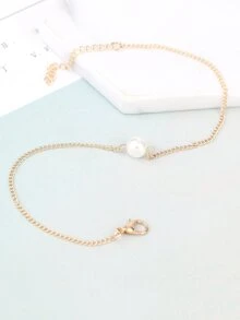 Faux Pearl Detail Chain Anklet - Yellow Gold - View 2