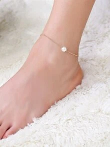 Faux Pearl Detail Chain Anklet - Yellow Gold - View 1
