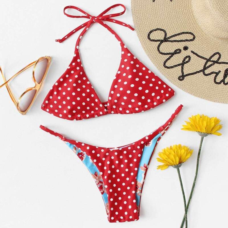 

Polka Dot Self Tie Bikini Set, Multicolor