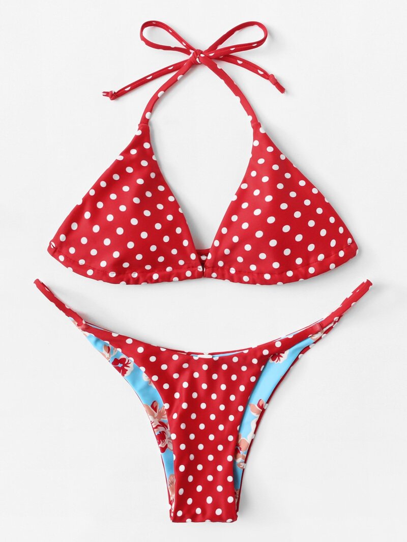 

Polka Dot Self Tie Bikini Set, Multicolor
