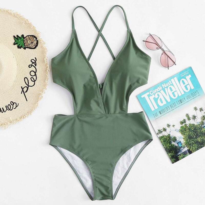 

Self Tie Back High Leg Monokini, Army green