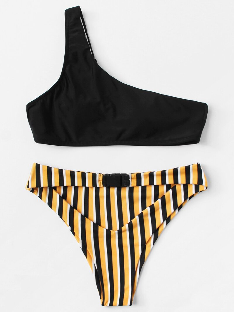 

One Shoulder Striped Bikini Set, Multicolor