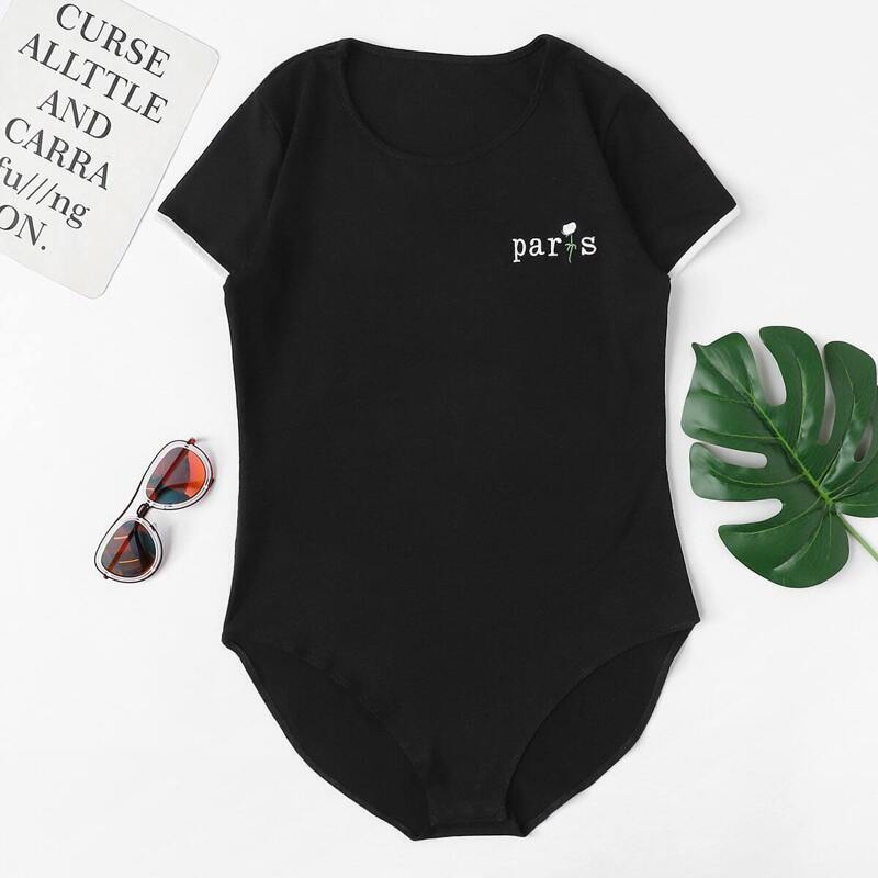 

Cut Out Back Letter Embroidered Bodysuit, Black