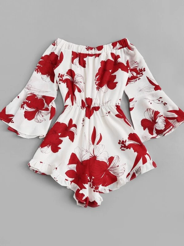 off shoulder floral print flounce sleeve jumpsuit