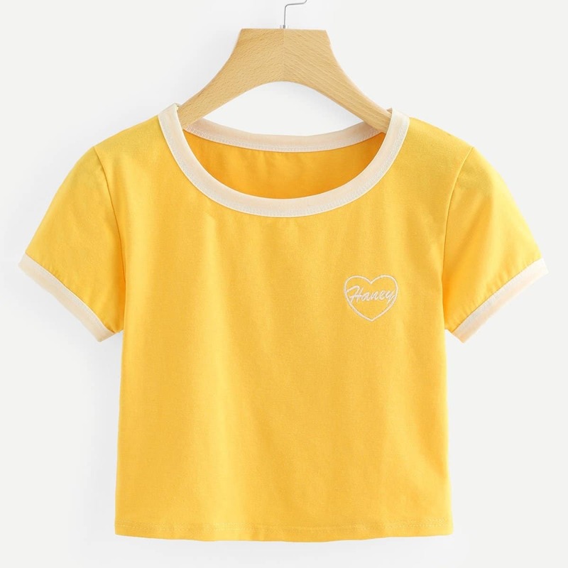 

Letter Embroidered Ringer Tee, Yellow