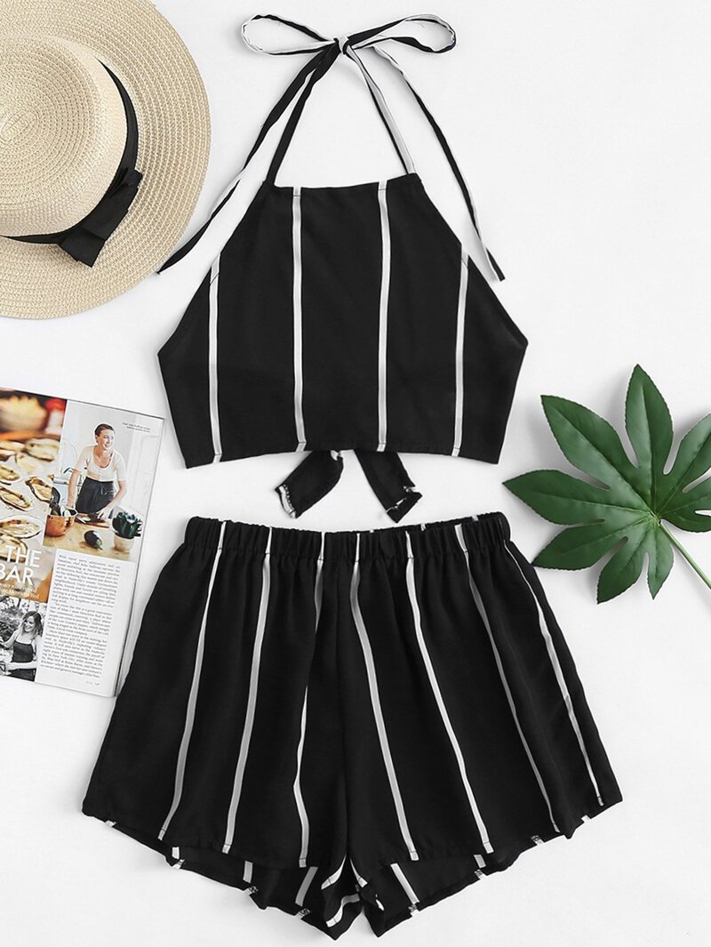 

Knot Back Striped Halter Top With Shorts, Black