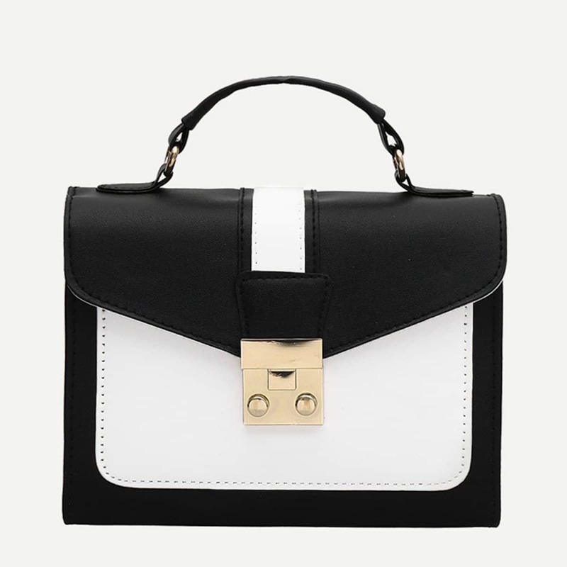 

Color Block PU Satchel Bag, Black and white