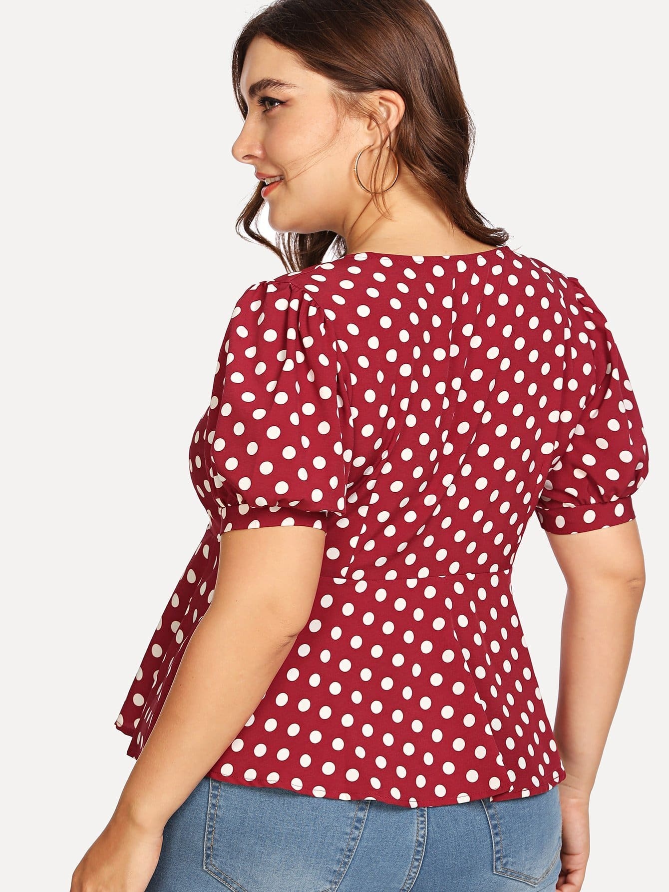 plus puff sleeve button front polka dot top -shein(sheinside)