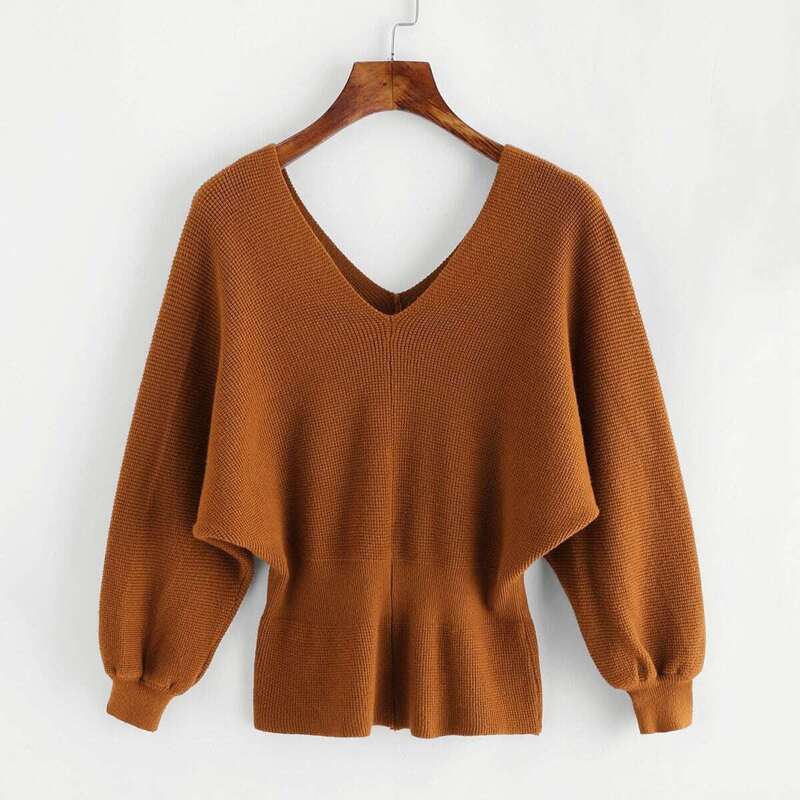 

V Neckline Slit Back Chunky Sweater, Brown