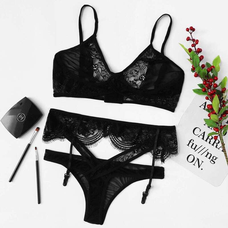 

Lace Insert Garter Lingerie Set, Black