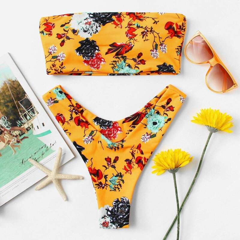 

Floral Bandeau With High Leg Bikini, Multicolor