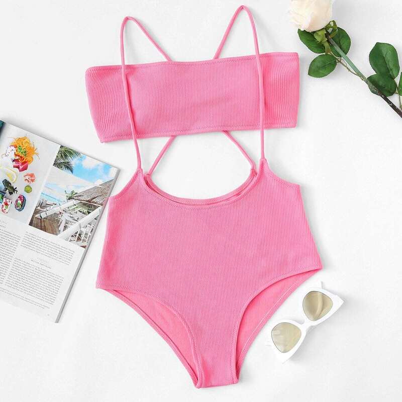 

Bandeau Top With Suspender Two Piece Swimwear, Pink