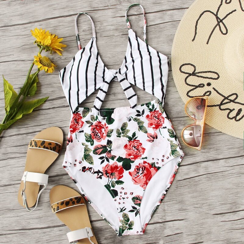 

Floral & Striped Tie Front One Piece Swimsuit, Multicolor