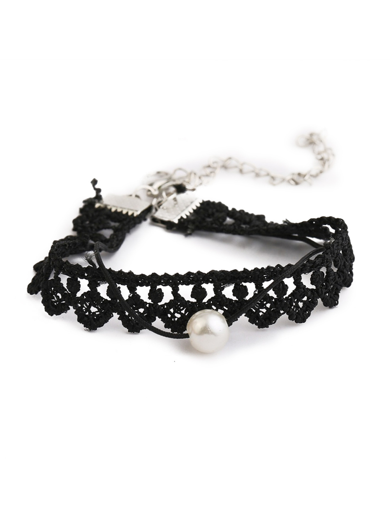 

Faux Pearl Decorated Lace Bracelet, Black