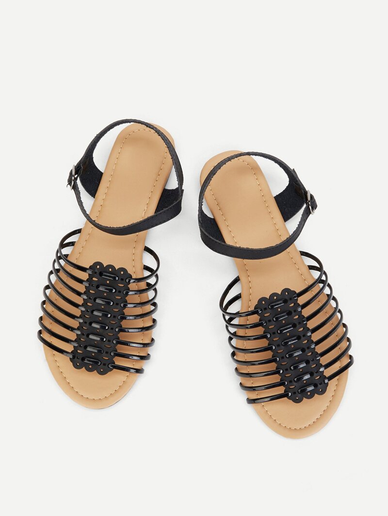 

Peep Toe Flat Sandals, Black