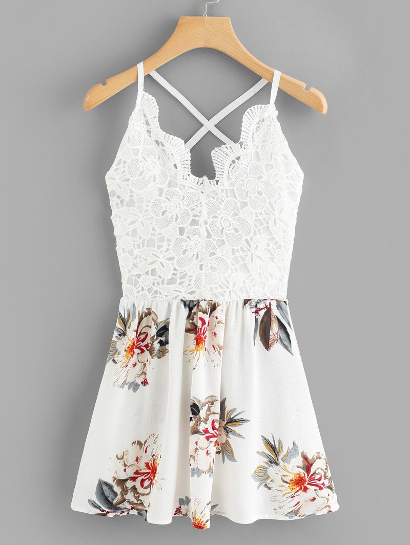 

Floral Print Contrast Lace Cami Dress, White