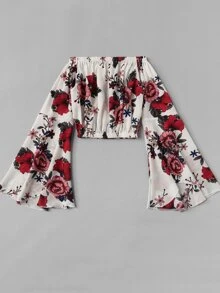 ROMWE Flounce Sleeve Floral Bardot Crop Top - Multicolor - View 3