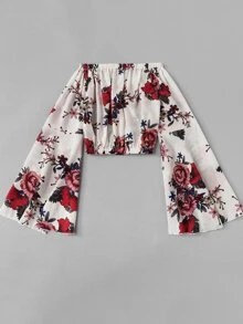 ROMWE Flounce Sleeve Floral Bardot Crop Top - Multicolor - View 2