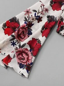 ROMWE Flounce Sleeve Floral Bardot Crop Top - Multicolor - View 5