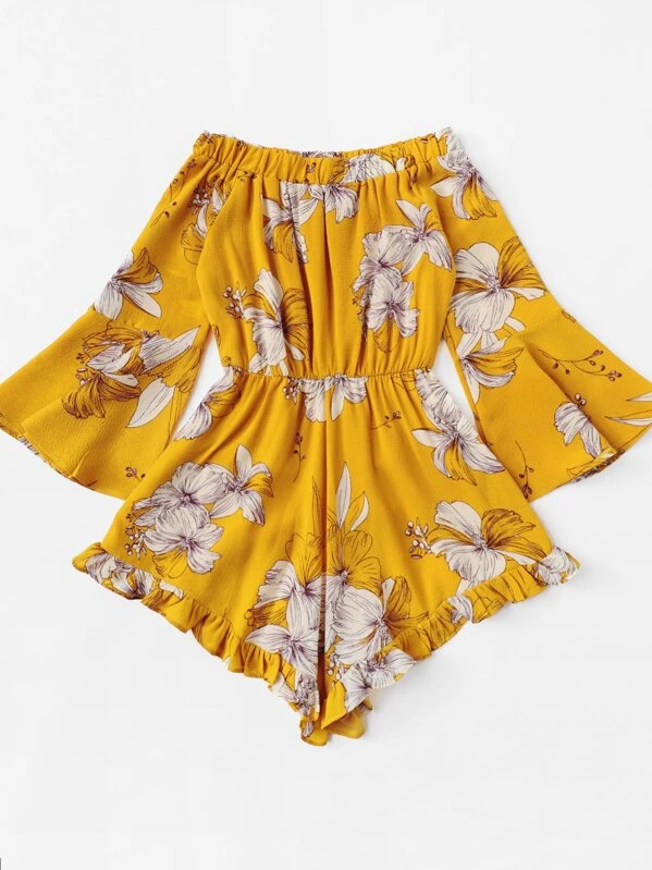 off shoulder floral print flounce sleeve jumpsuit