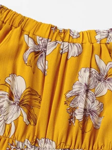 off shoulder floral print flounce sleeve jumpsuit