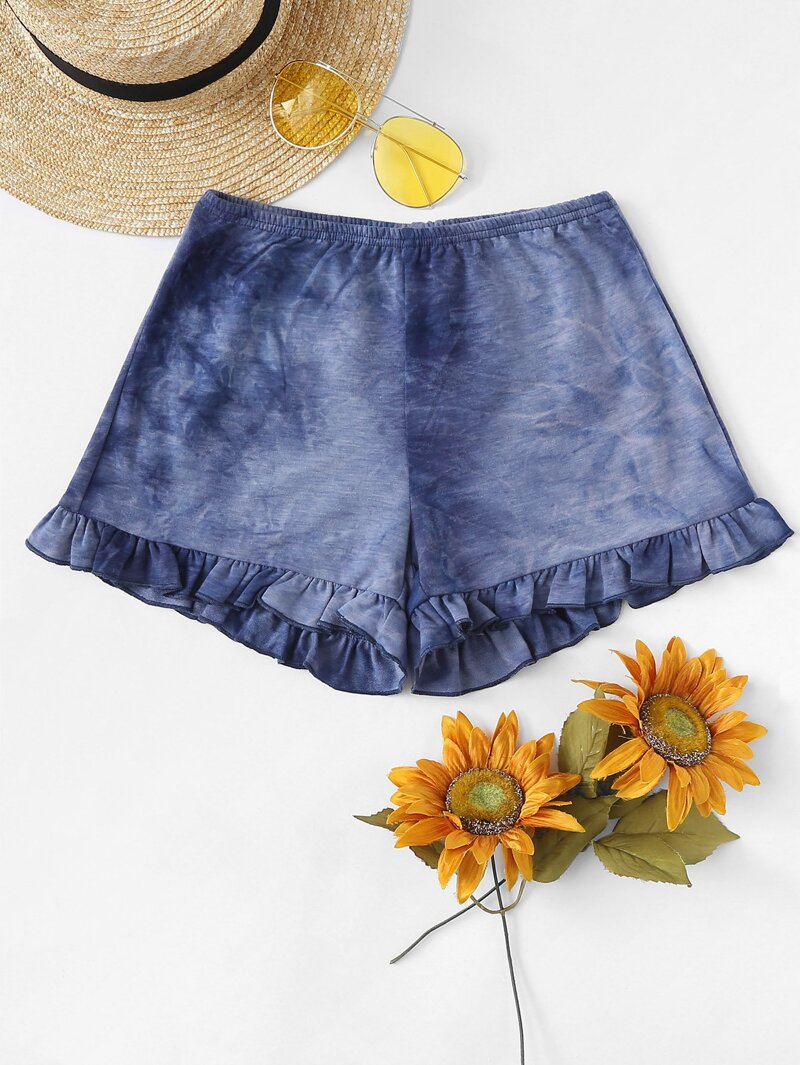 

Frill Trim Tie Dye Shorts, Navy