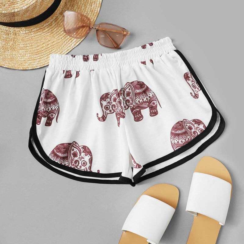 

Contrast Trim Elephant Print Shorts, White