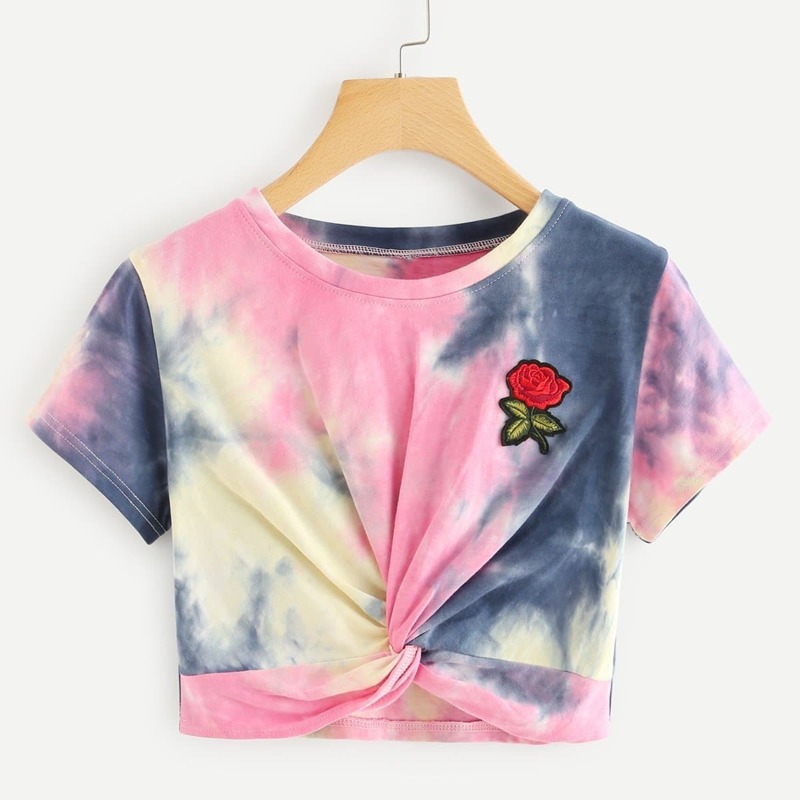 

Rose Embroidered Patch Twist Crop Tee, Multicolor