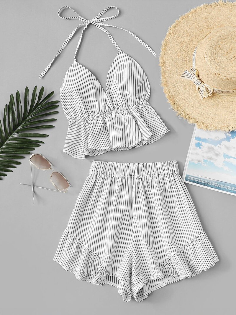 

Ruffle Hem Striped Halter Top With Shorts, White