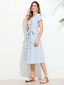 SHEIN 紐扣直條紋連衣裙帶腰帶 - 藍白色 - 查看 2
