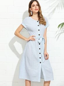 SHEIN 紐扣直條紋連衣裙帶腰帶 - 藍白色 - 查看 3