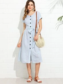 SHEIN 紐扣直條紋連衣裙帶腰帶 - 藍白色 - 查看 1