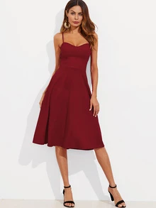 SHEIN Crisscross Tie Back Cami Flare Dress - Burgundy - View 2