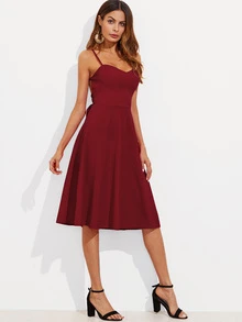 SHEIN Crisscross Tie Back Cami Flare Dress - Burgundy - View 3