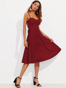SHEIN Crisscross Tie Back Cami Flare Dress - Burgundy - View 4