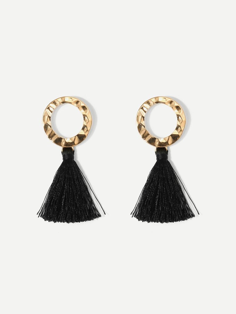 

Ring Top Tassel Drop Earrings, Black