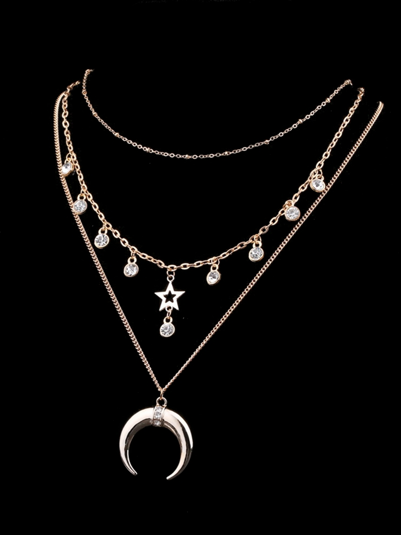 

Moon & Star Pendant Layered Chain Necklace, Silver