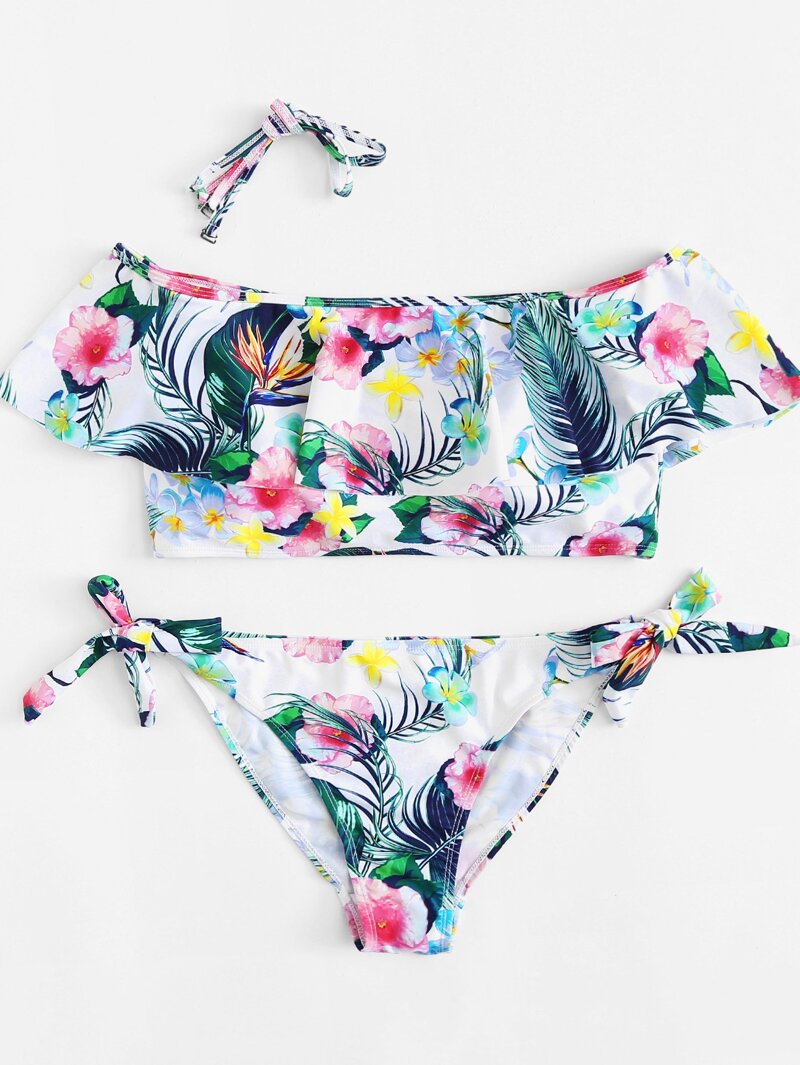 

Plus Flower Print Bikini Set, Multicolor