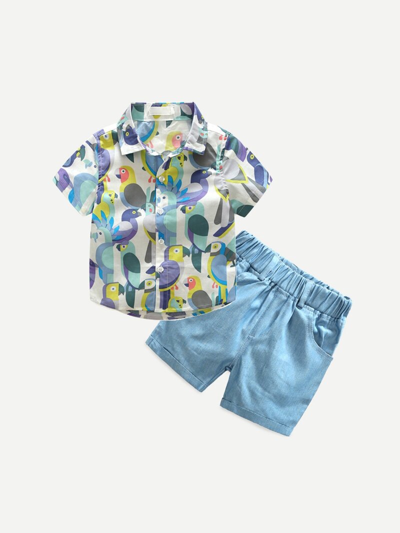 

Boys Birds Print Shirt With Shorts, Multicolor