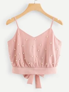 Faux Pearl Chiffon Self-Tie Cami Top - Baby Pink - View 1