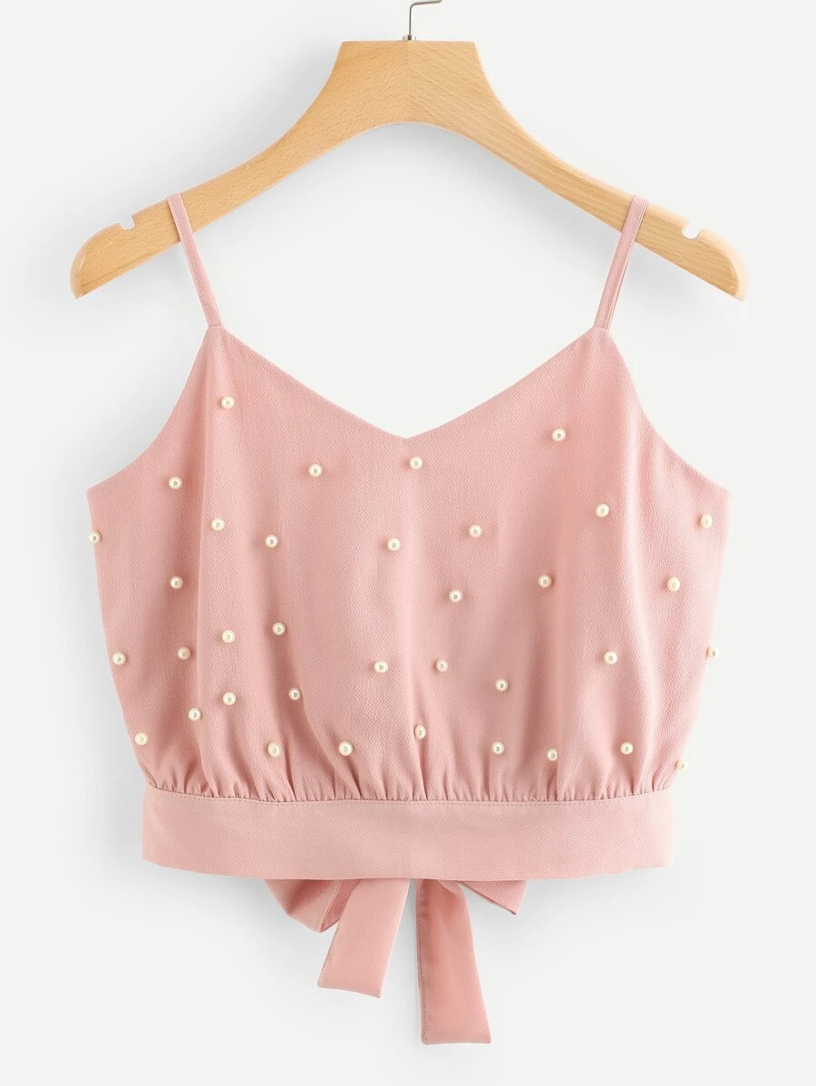 Faux Pearl Chiffon Self-Tie Cami Top - Baby Pink - View 1