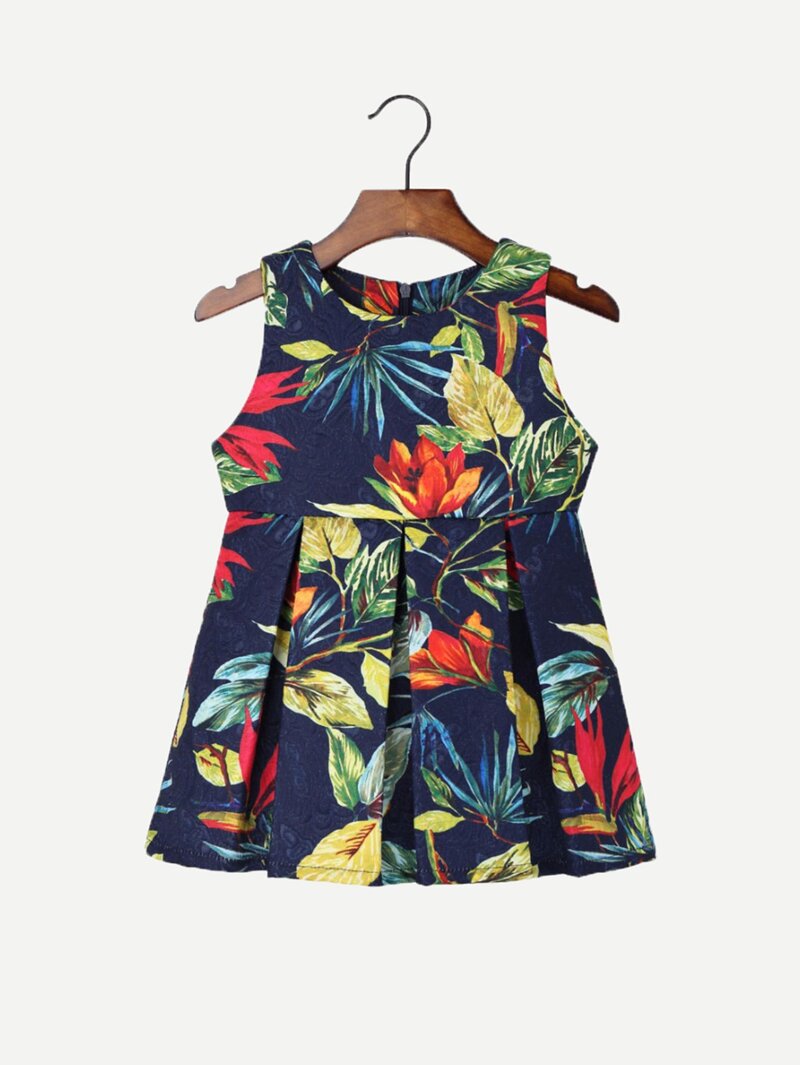 

Girls Floral Print Box Pleated Dress, Navy