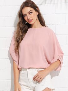 Batwing Sleeve Keyhole Back Solid Top