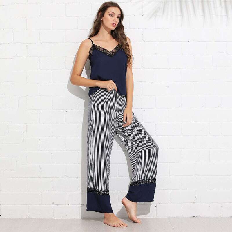 

Lace Trim Cami Top and Wide Leg Striped Pants PJ Set, Multicolor